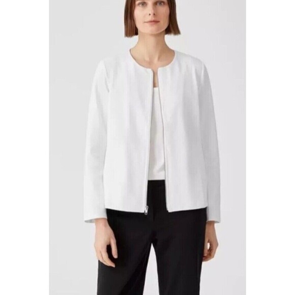 Eileen Fisher White Organic Cotton Ponte Zip-Front Jacket Sz Small Petite​​​ - Picture 2 of 5